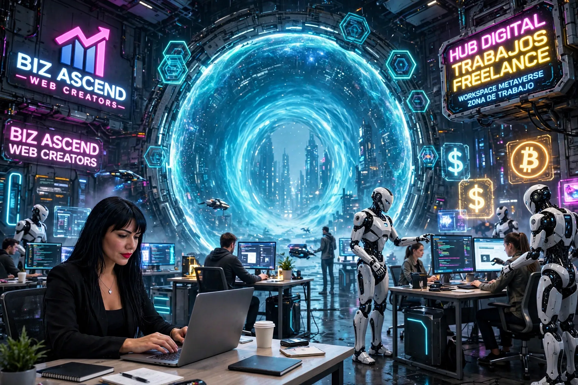 Biz Ascend Web Creators: hub de trabajos digitales con portal, agentes de IA y equipo trabajando